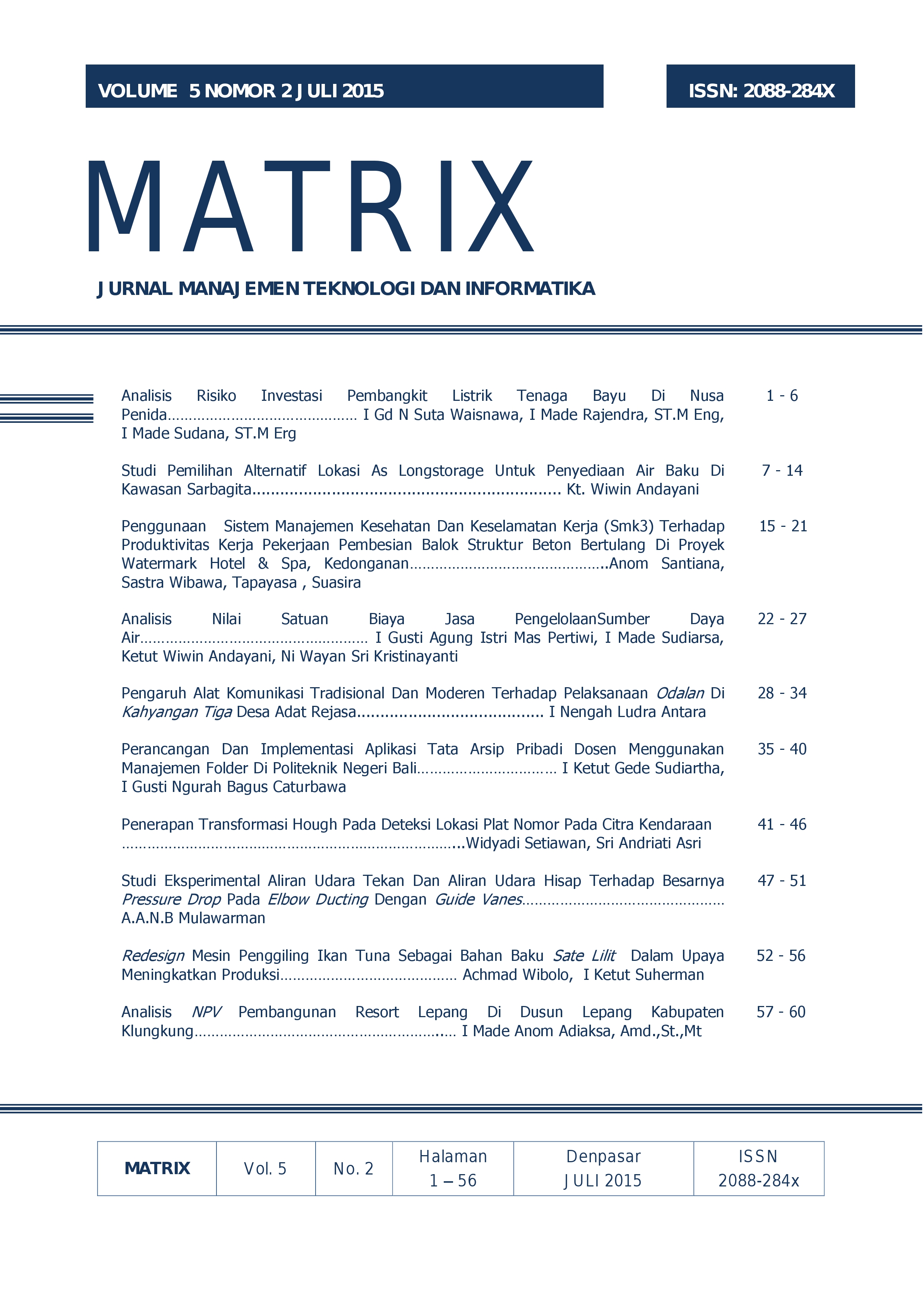 Cover Jurnal MATRIX Volume 5, Nomor 2, Juli 2015