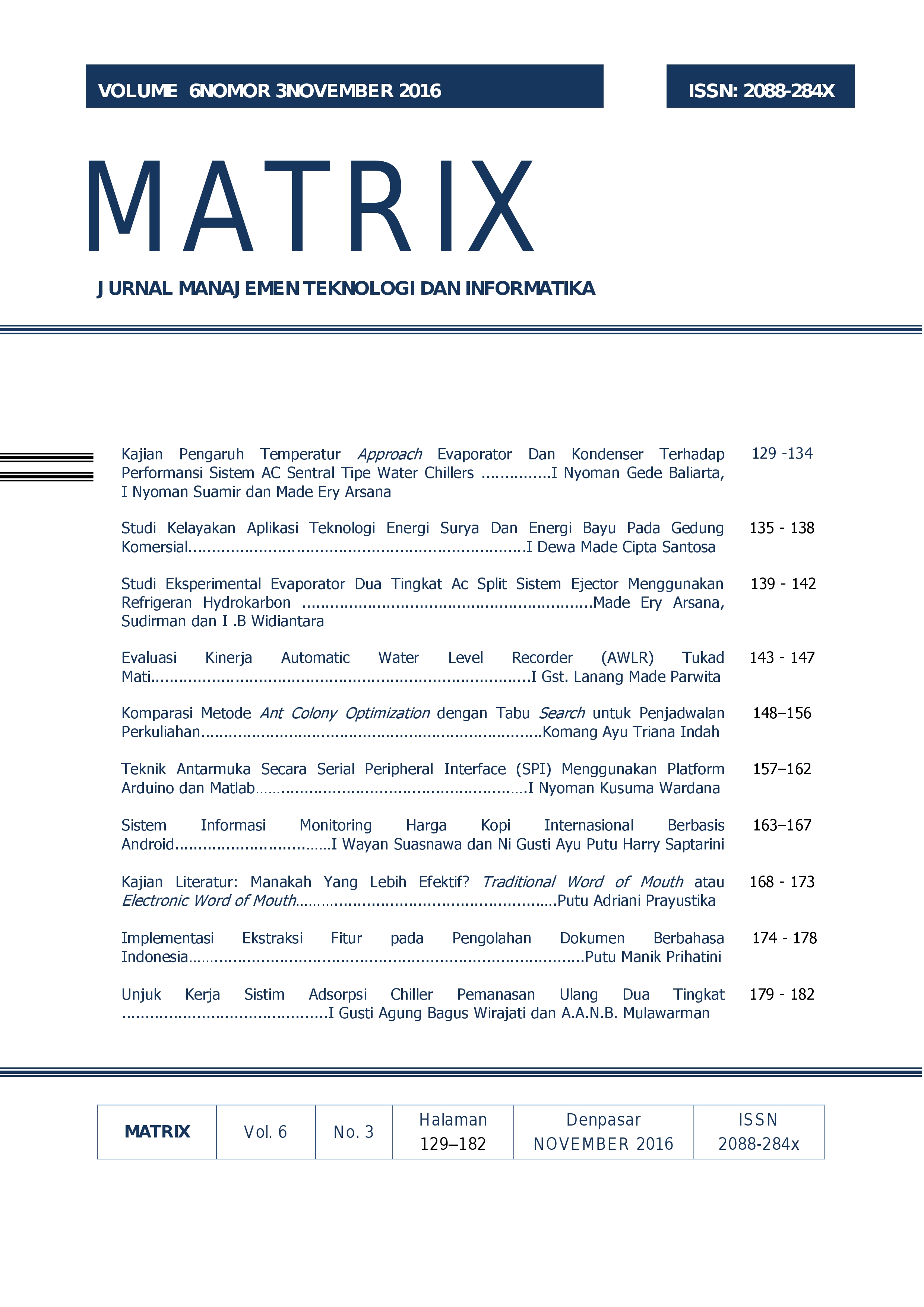 Cover Jurnal MATRIX Volume 6 Nomor 3 November 2016
