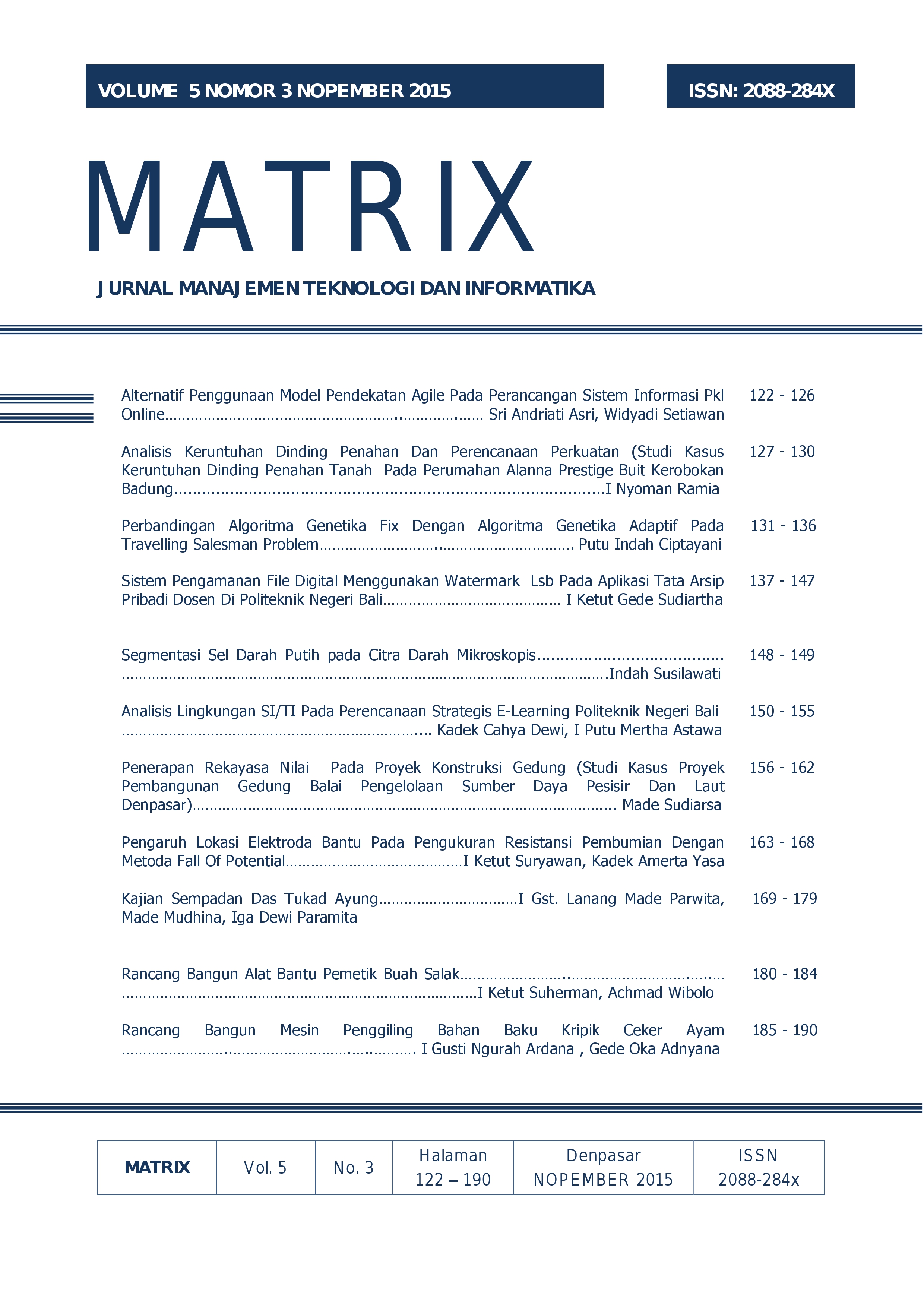 Cover Jurnal MATRIX Volume 5, Nomor 3, Nopember 2015
